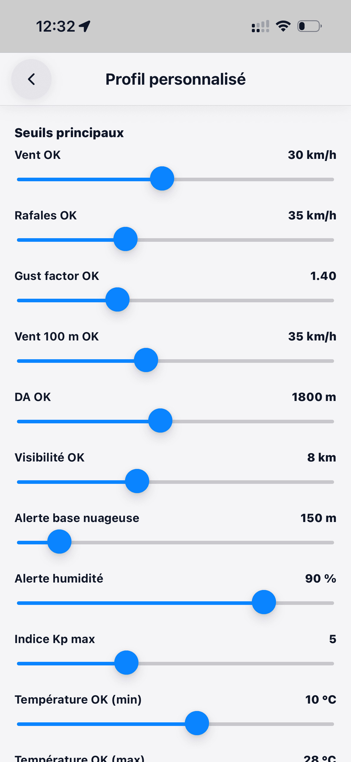 Réglages du profil météo drone (Mini, Caméra, FPV, Custom)