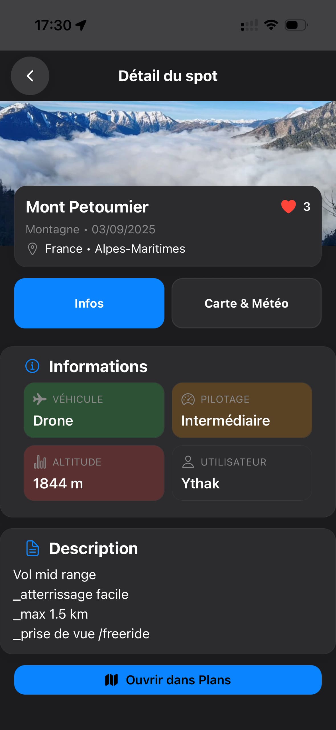 Détail d’un spot drone : accès, météo, sécurité, favoris et commentaires